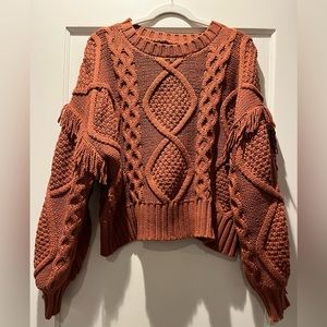Cozy cable knit, earthy sweater with fringe - Line and Dot size S
